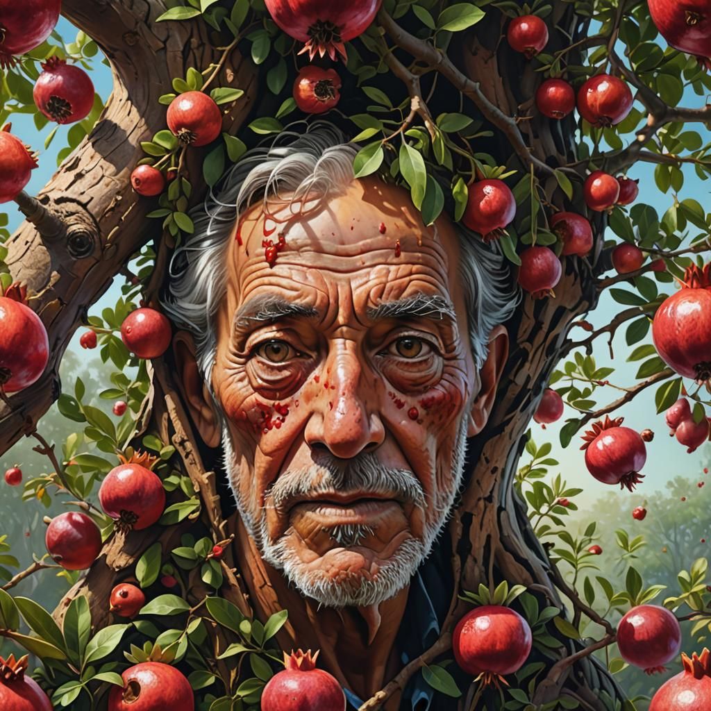Old Man Face Emerges from Pomegranate Tree
