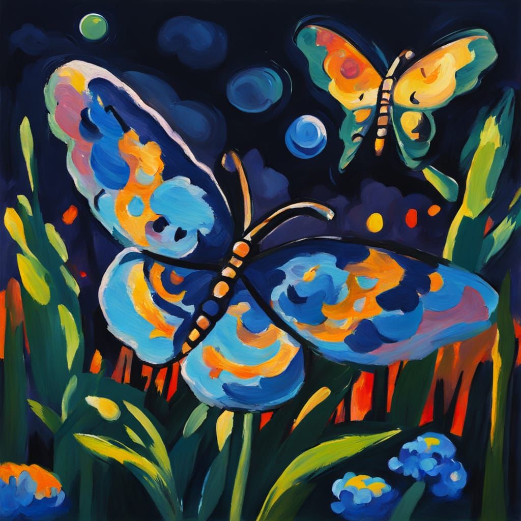 Impressionist Gouache Painting of Mond and Schmetterling