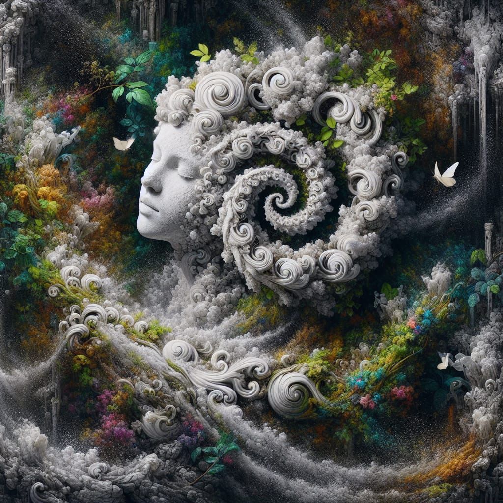 Stone Girl with Baroque Hair in Fantasy Landscape