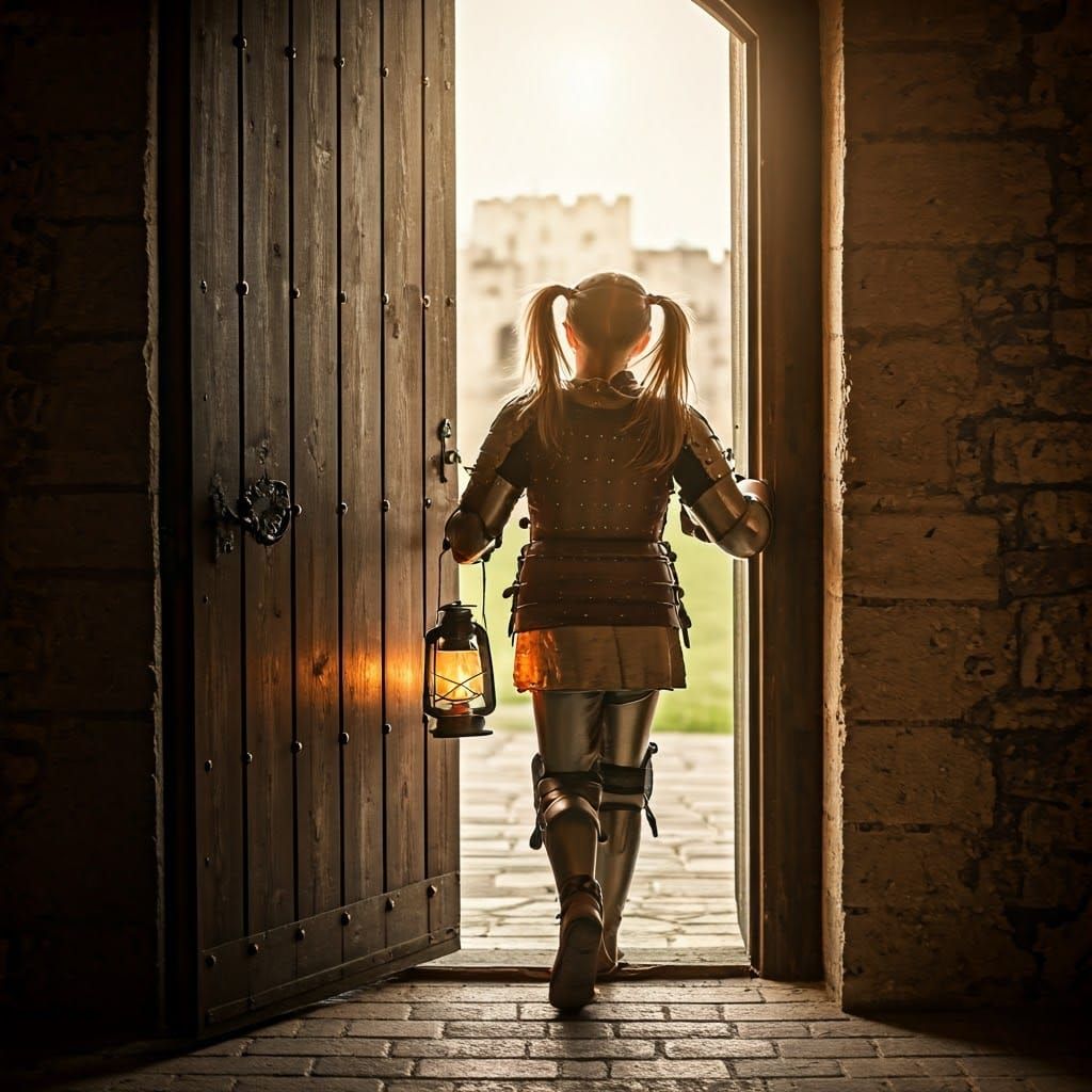 Young Blonde Maiden Opens Castle Door in Sunny Historical Se...