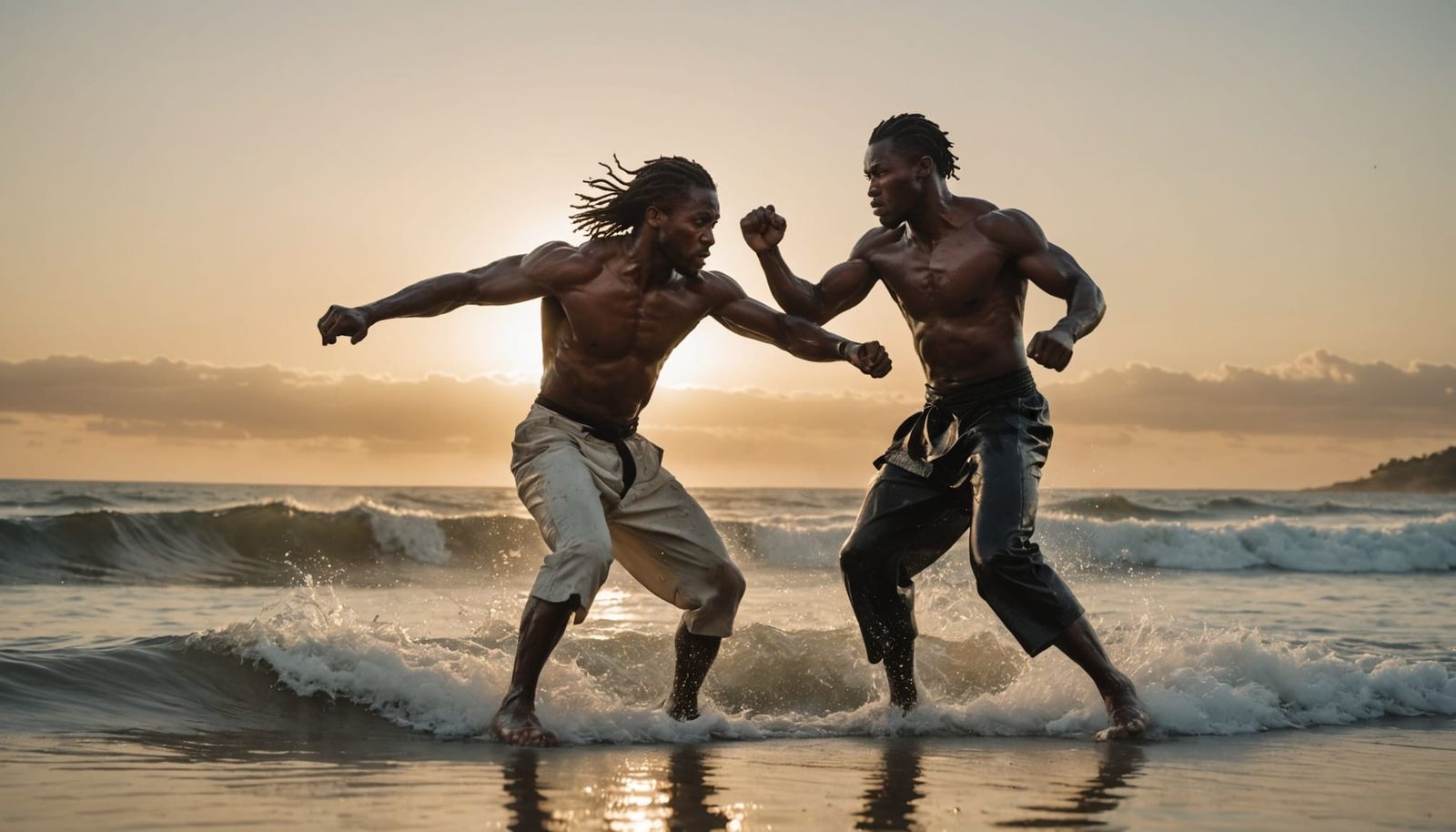 Karate Fighters Clash at Sunset in Stormy Surf
