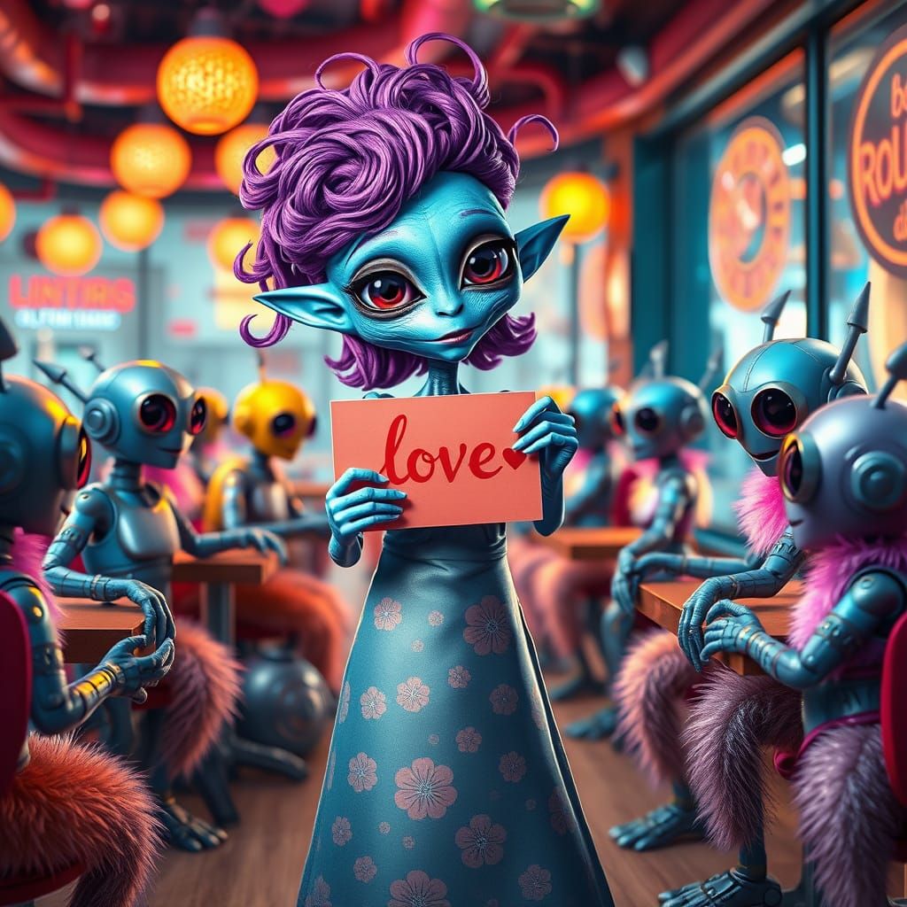 Dreamlike Alien Valentine's Day Scene in Vibrant, Electric C...