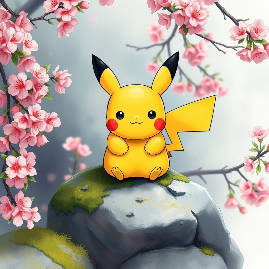 Charming Pikachu Amidst Cherry Blossoms in Vibrant Anime Sty...