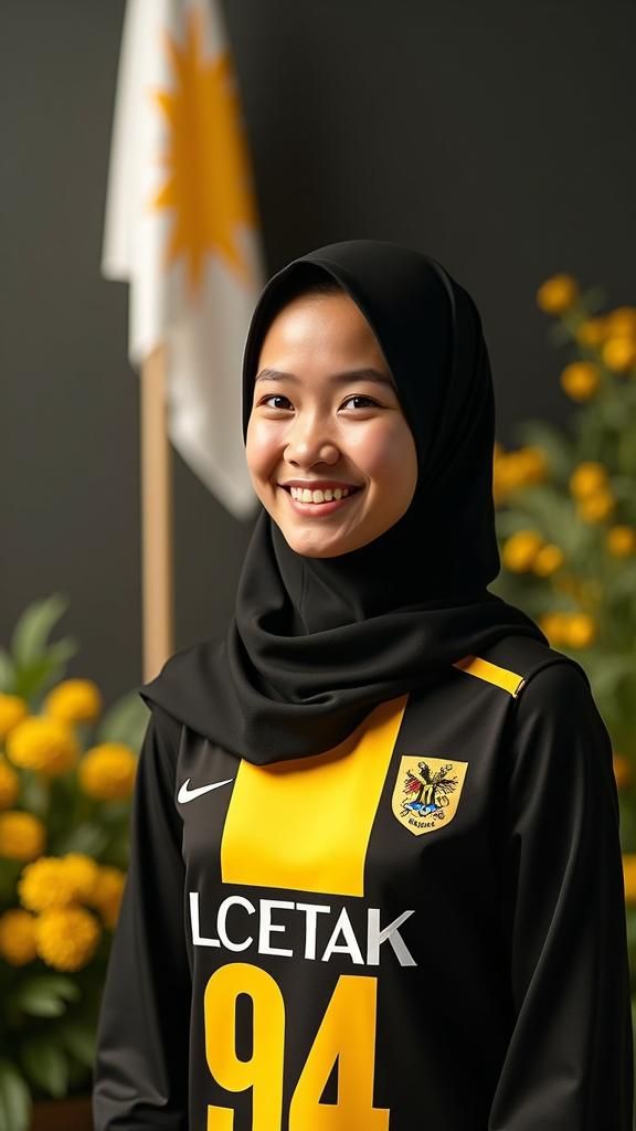 Radiant Malay Lady in Jersey: Cinematic Studio Portrait