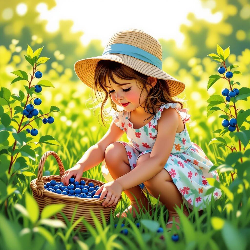 Girl Picking Blueberries in Hyper-Realistic Comic Style