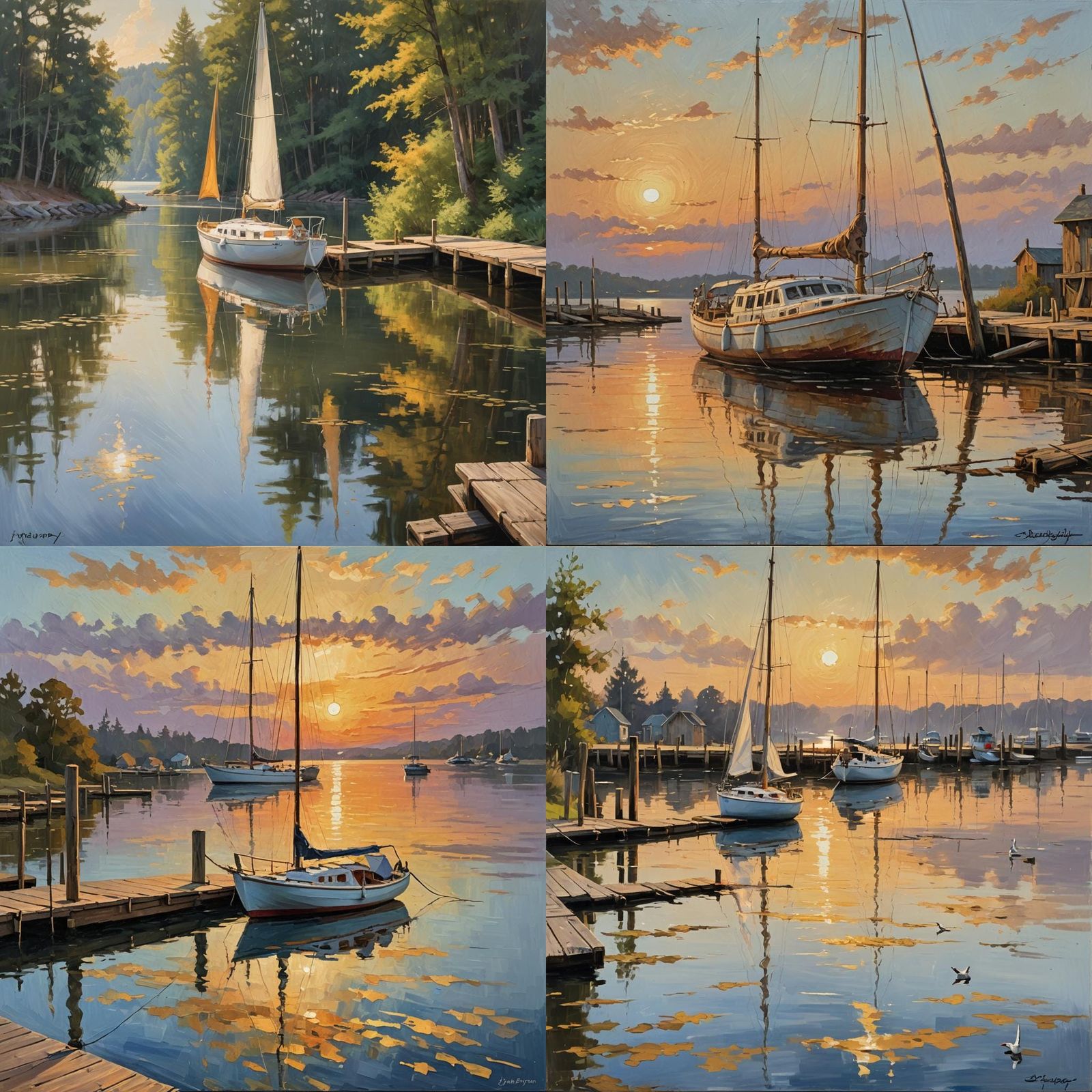 Sailboats at Dock: Maritime Oil Painting