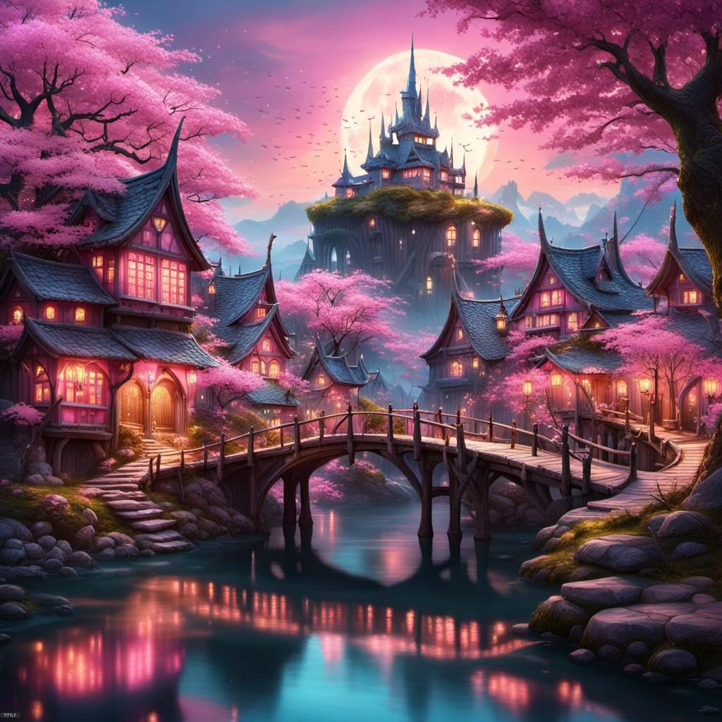 Elven Village with Cherry Blossoms in Fantasy Style