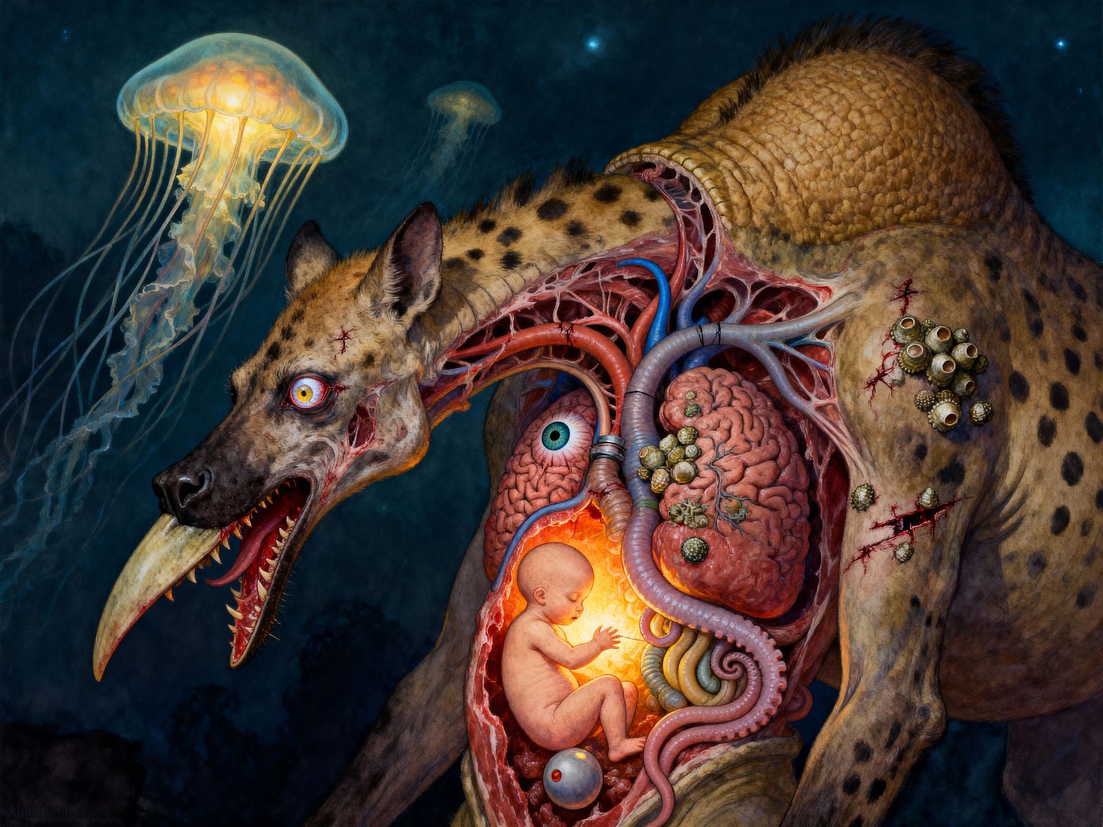 Surreal Egyptian Homunculus with Jellyfish and Camel Anatomy