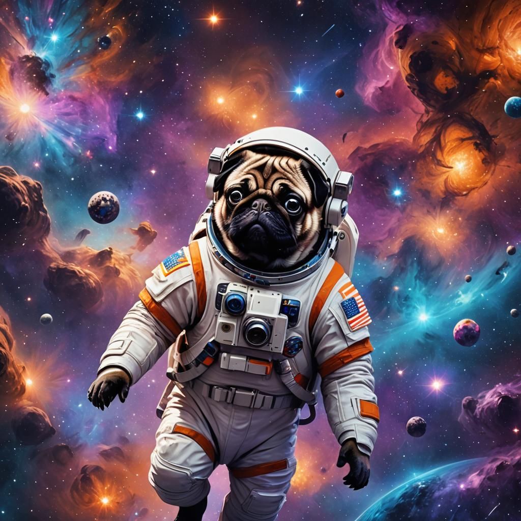 Pug Astronaut Floating in Vibrant Galaxy: Digital Art