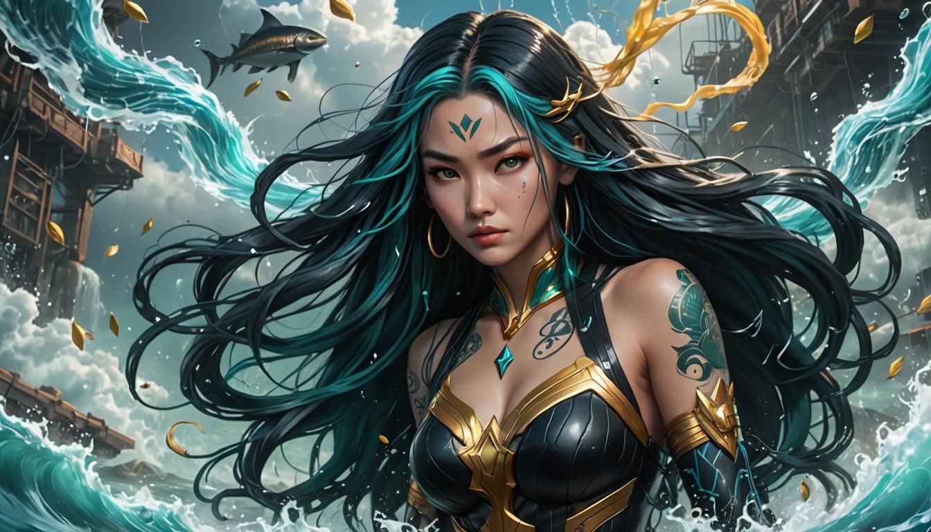 Stunning Asian Woman with Aquaman Dress, 3D Anime Art