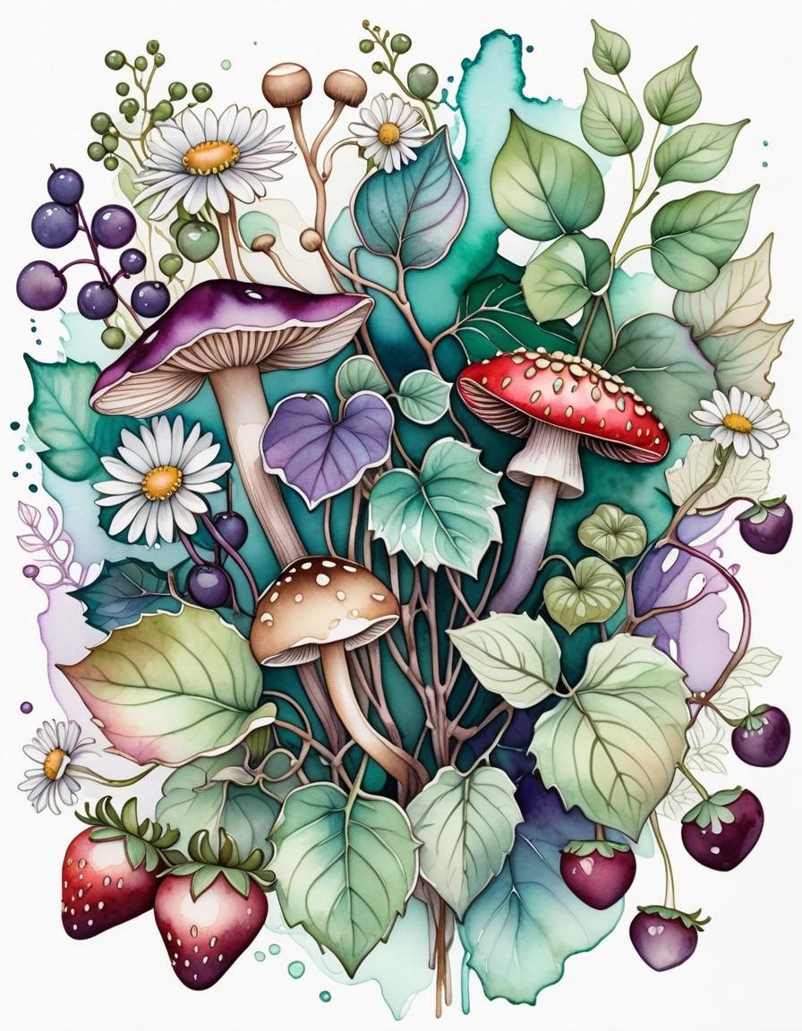 Vibrant Watercolour Illustration of Flora and Fungi