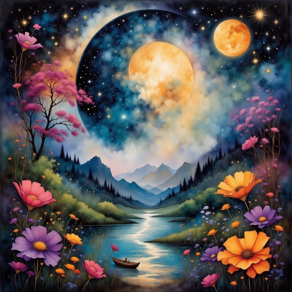 Mystic Landscape with Earthy Tones and Liquid Ink Effects