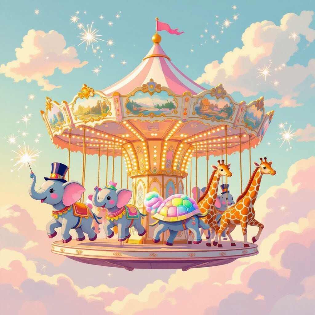 Whimsical Carousel in Pastel Sky, Fantasy Art