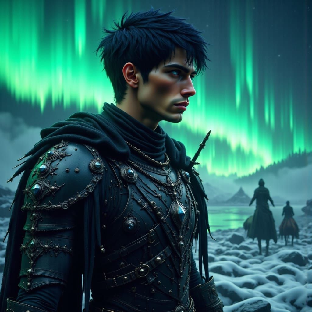 Prince in Black Metal Armor with Northern Lights
