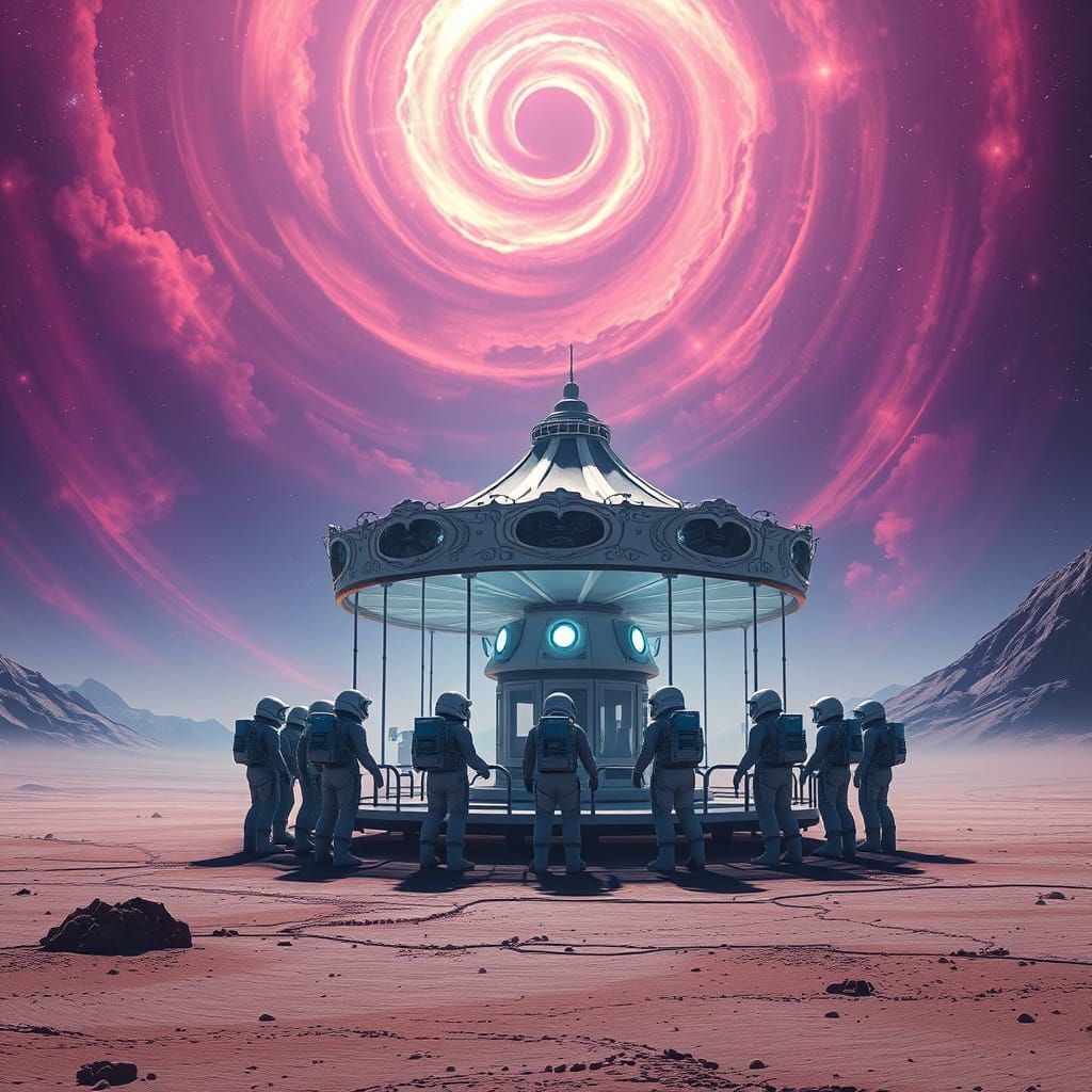 Astronauts at a Sci-Fi Merry-Go-Round on Alien Planet