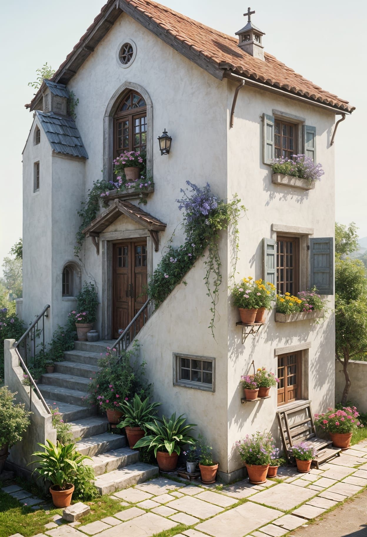 Origami Village Church and Flowers in Deep Colors