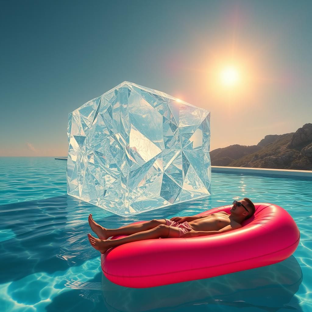 Colossal Ice Cube in Turquoise Pool, Hyper-realistic Art