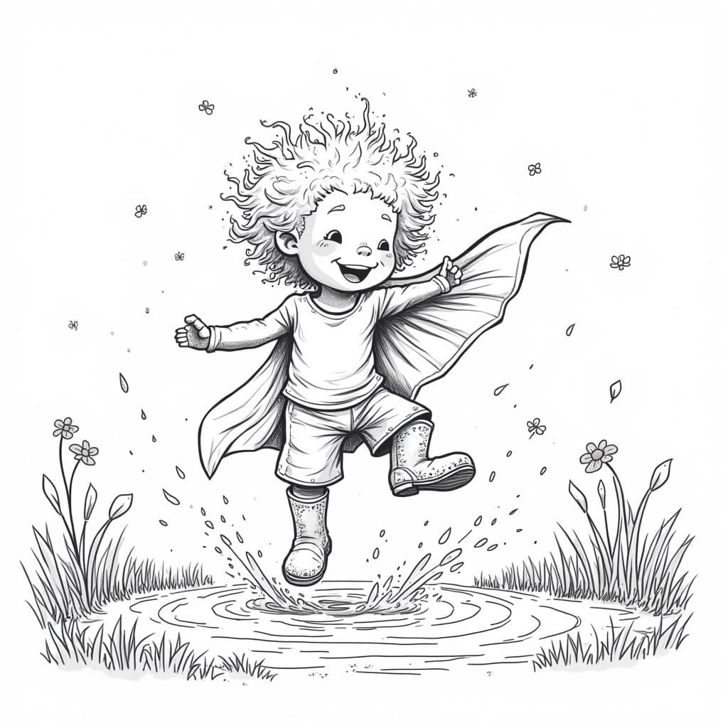 Joyful Young Superhero Boy Leaps in Puddle
