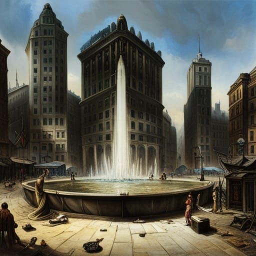 Ruined City Fountain in Giger and Waterhouse Style
