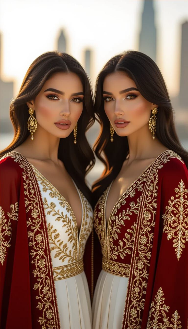 Arab Women in Crimson and White Gowns