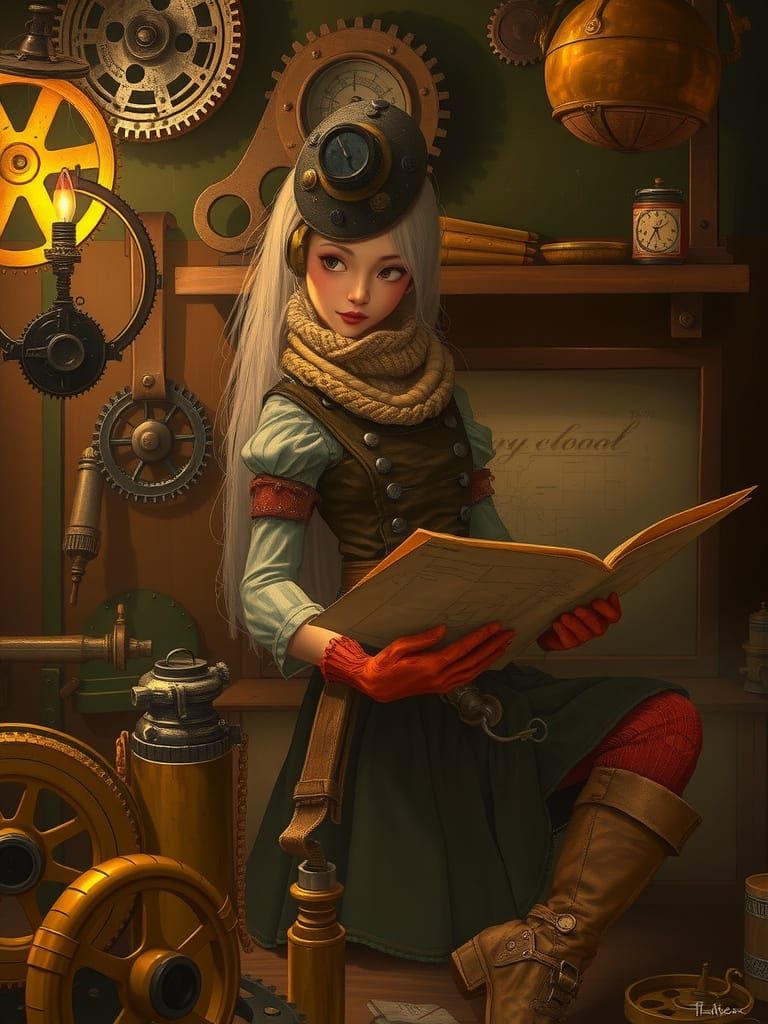 Steampunk Engineer in Dimly Lit Workshop