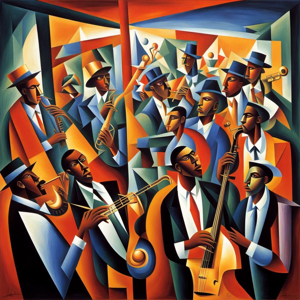 Jazz Club Scene in Abstract Cubism Style
