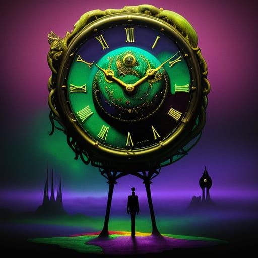 Surreal Person in Dark Room with Melting Clock