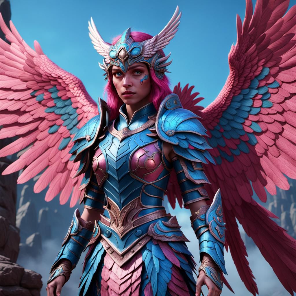 Pink and Blue Harpy Priestess: Detailed Fantasy Art