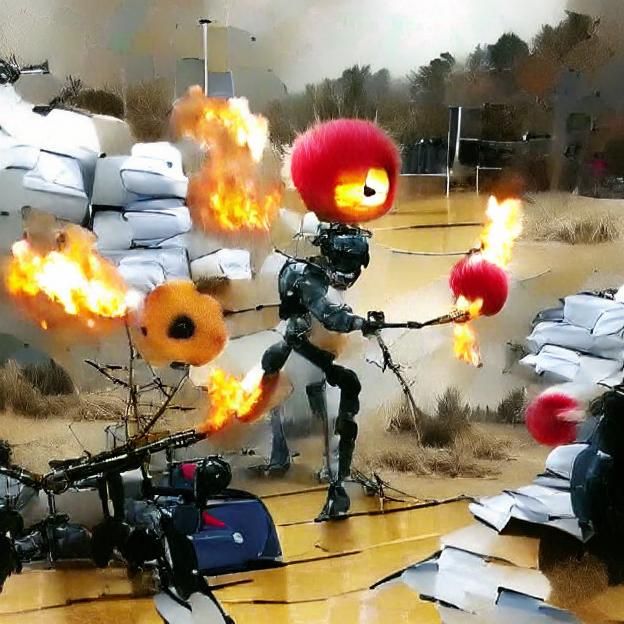 Humanoid Robot with Flamethrower in War Setting