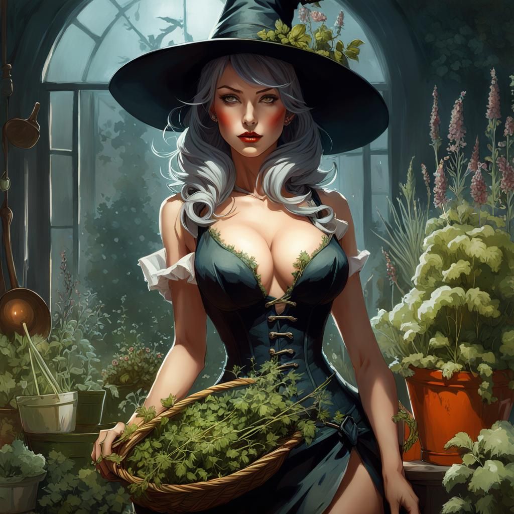 Pin-Up Witch Harvesting Herbs in Digital Painting Style