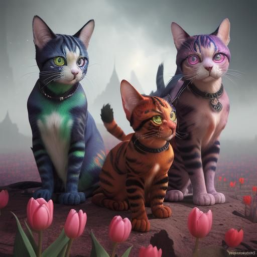Fantastical Multicolored Tulip Cats in Detailed Painting