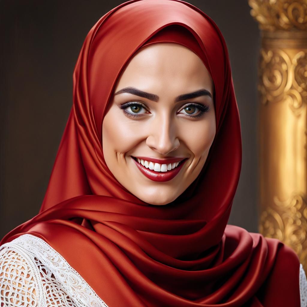 Elegant Hijabi Woman Smiling in Oil Painting