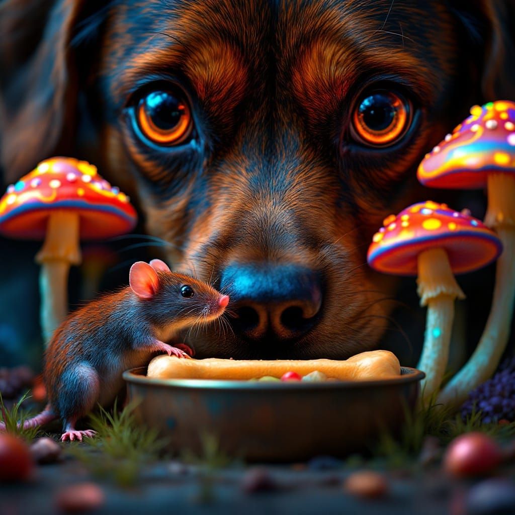 Dog Stares at Rat Stealing Bone in Psychedelic Scene