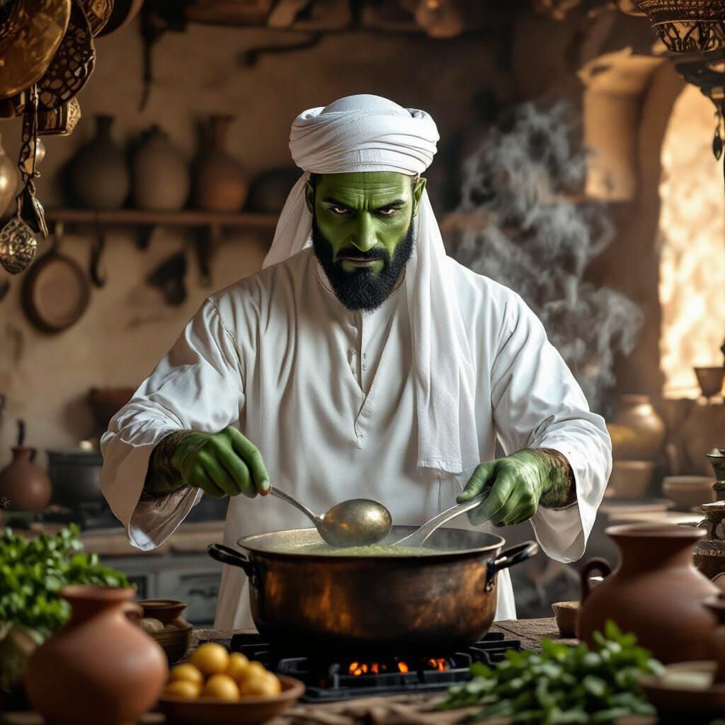 Green Humanoid Cooks in Middle Eastern Kitchen