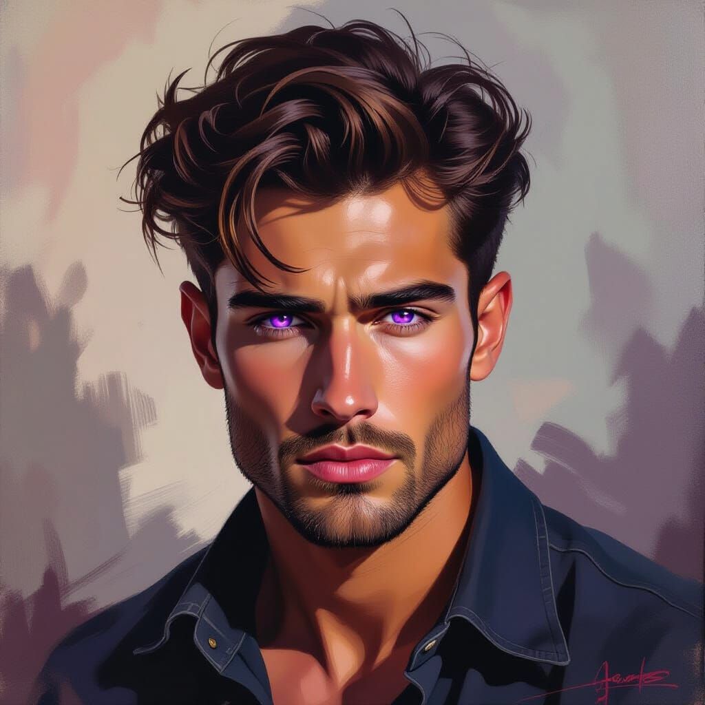 Determined Young Man With Purple Sparking Eyes Oil Painting