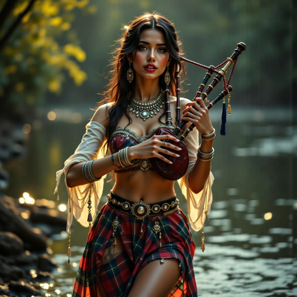Elegant Indian Woman Plays the Bagpipe in the Rain