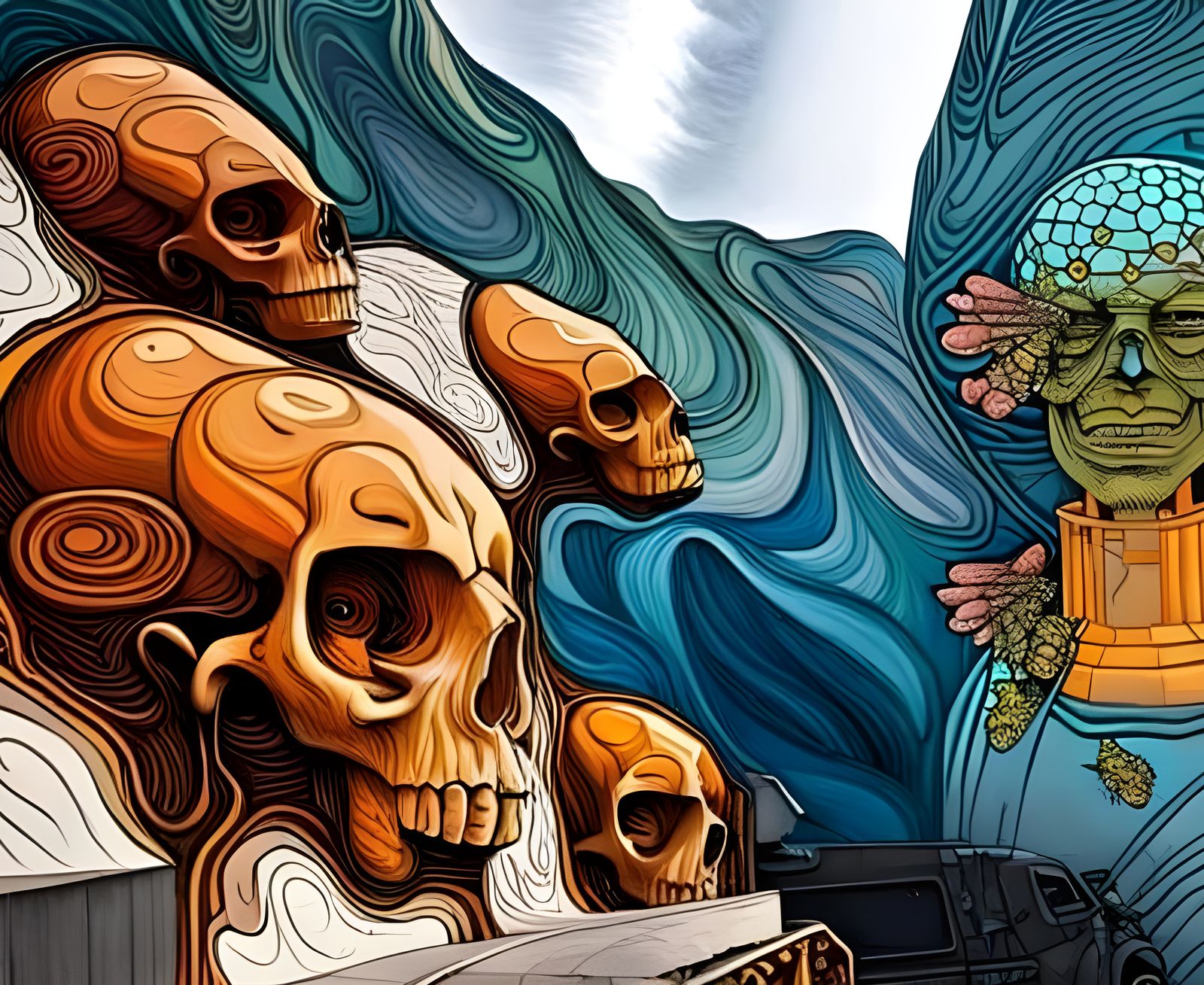 Skull and Bees Street Art in Moebius Style