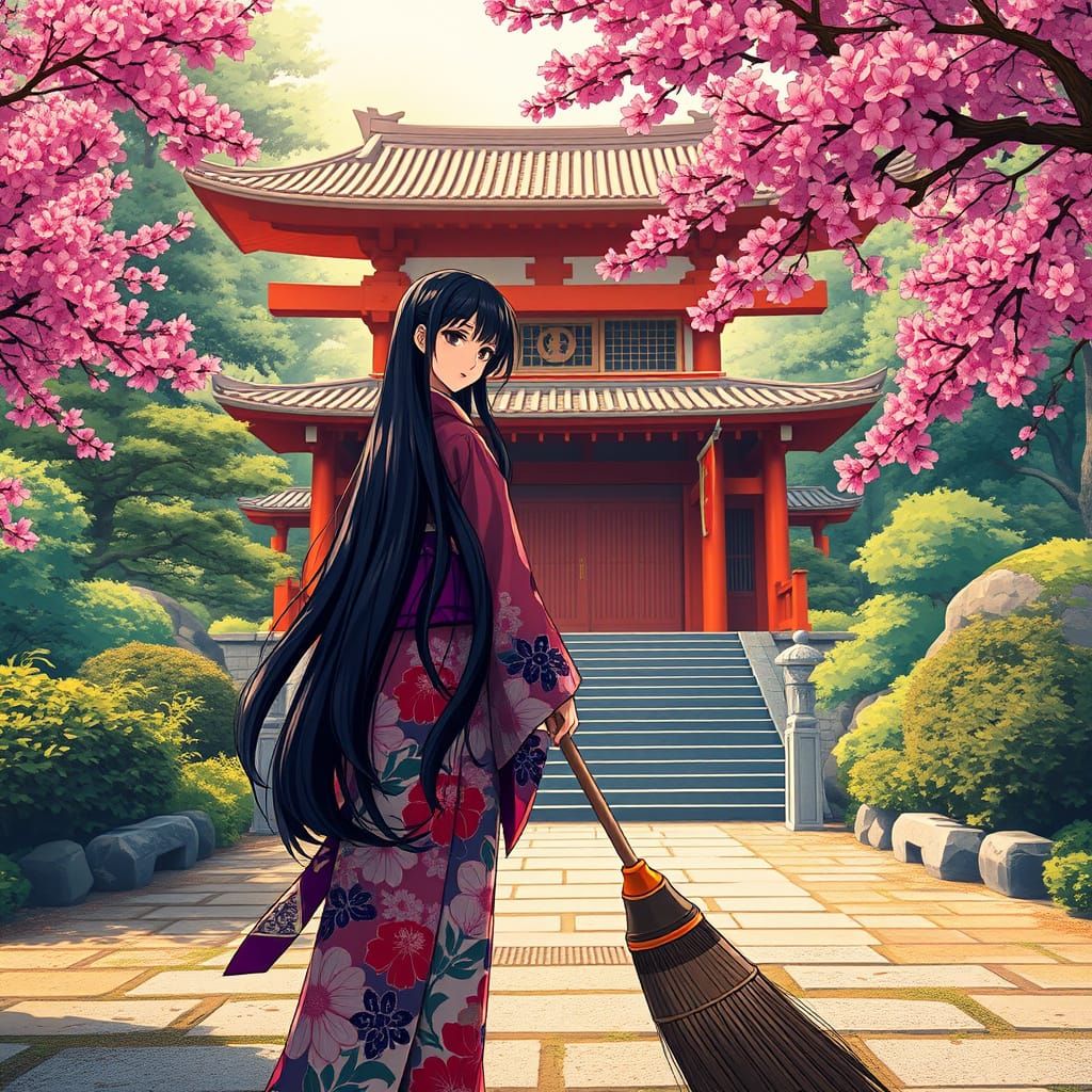 Woman in Kimono Sweeping Shrine Grounds in Manga Scan Style