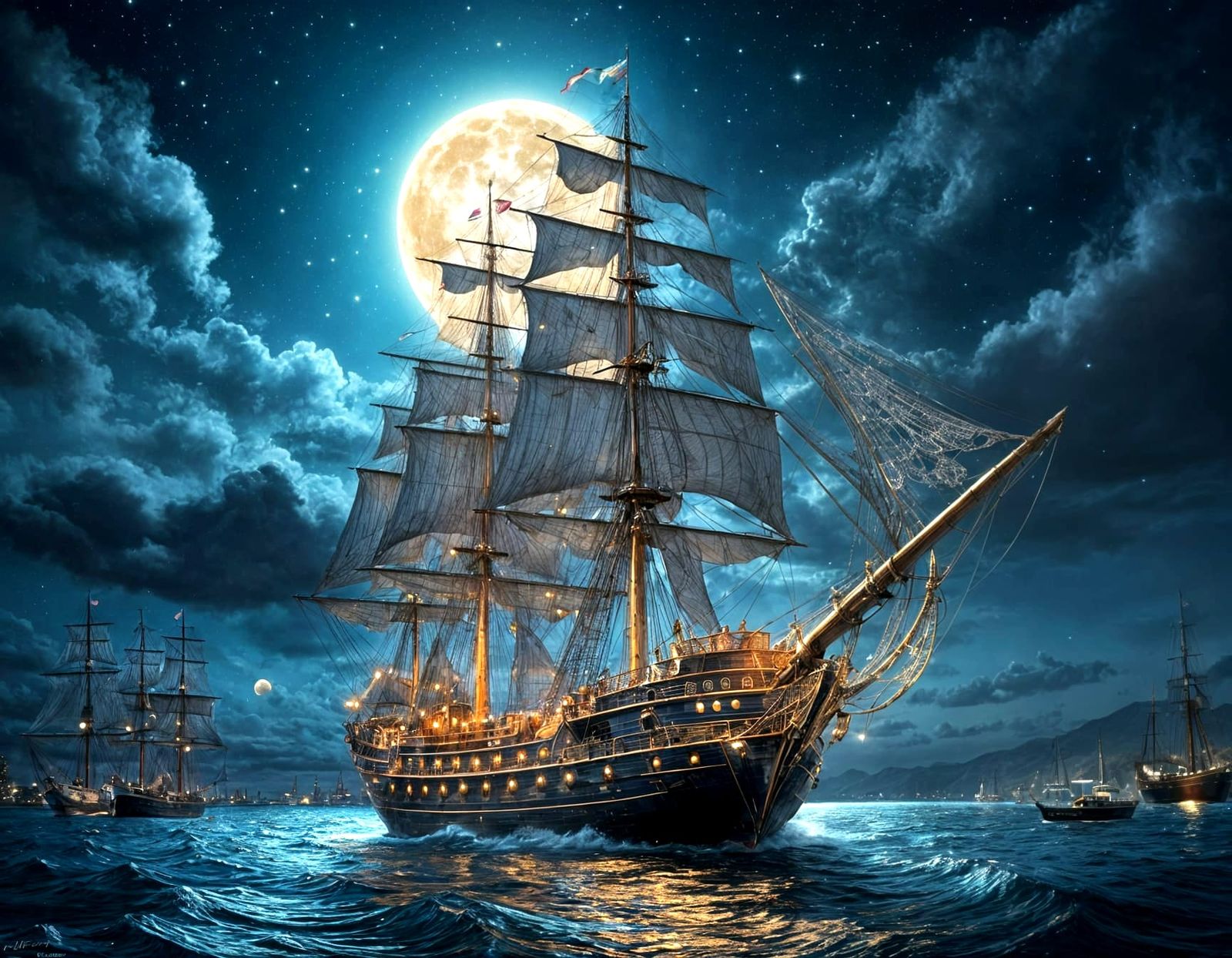 Detailed Frigate in Harbor by Ron English