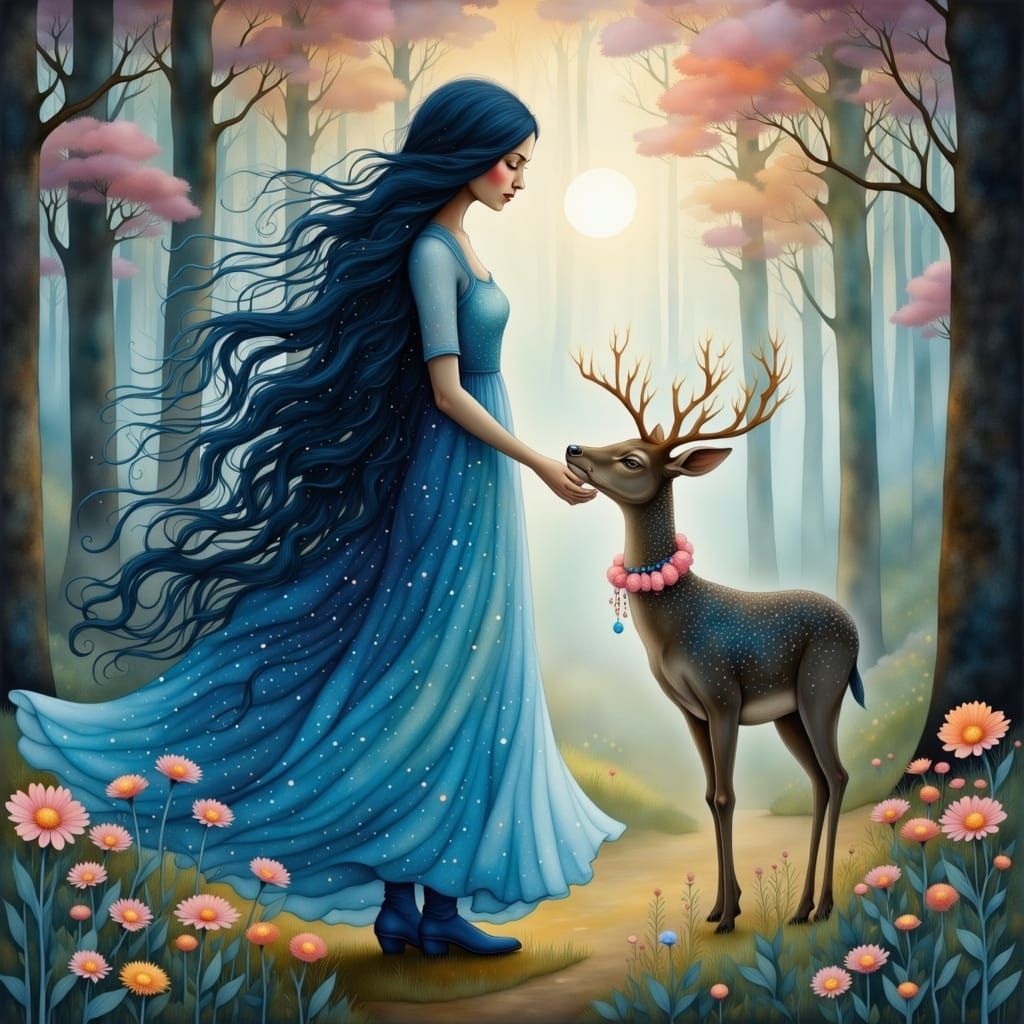 Maiden in Whimsical Woodland Scene with Blue Hair and Flower...