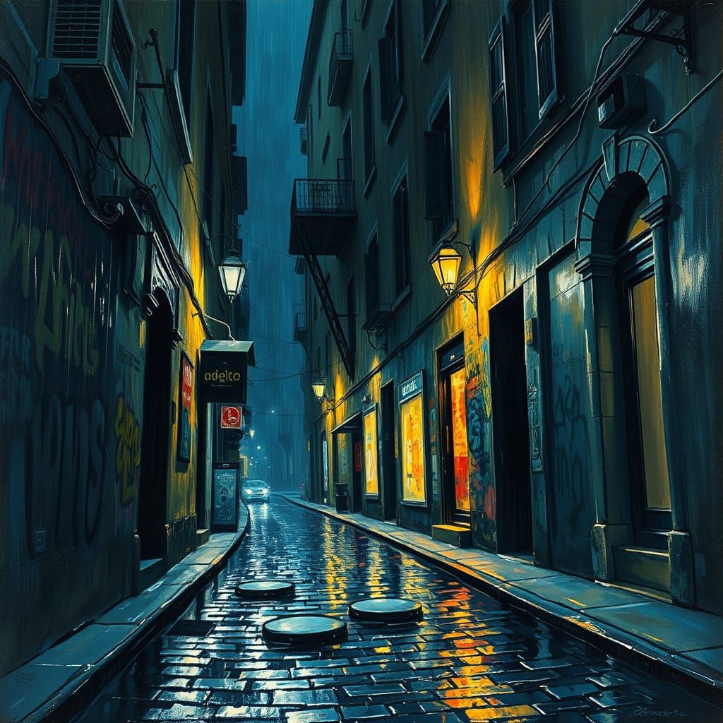 Midnight Alleyway in Neo-Expressionist Oil Painting