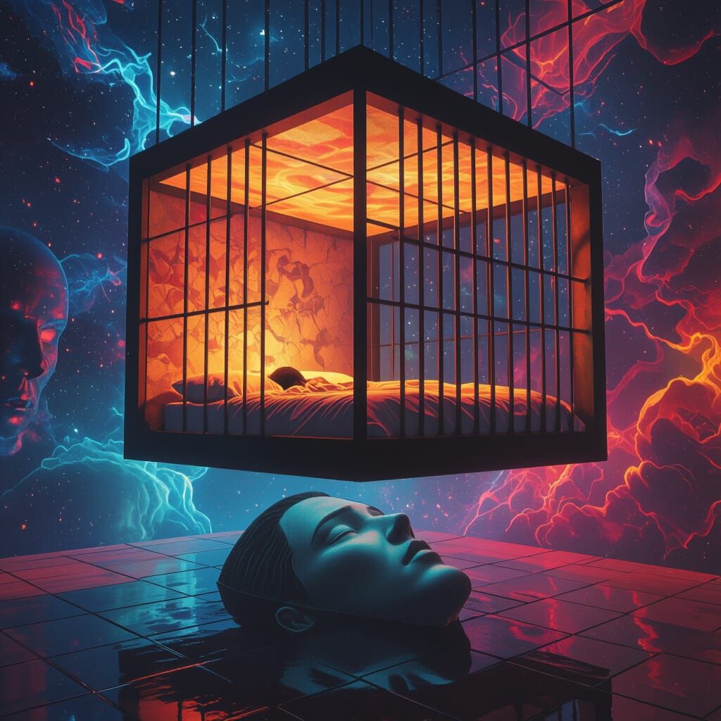 Surreal Cosmic Cube with Cozy Bedroom and Anguished Dreamer