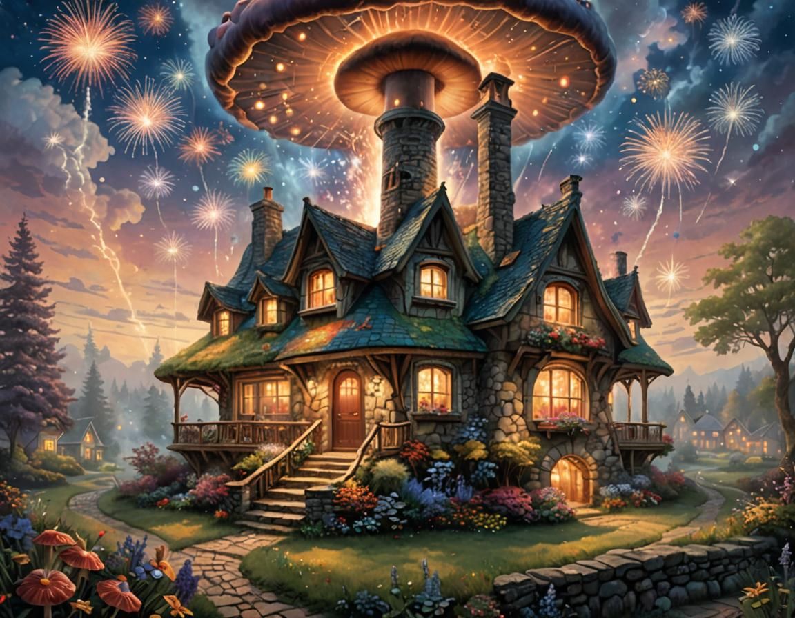Mushroom House with Fireworks in Fantasy Style