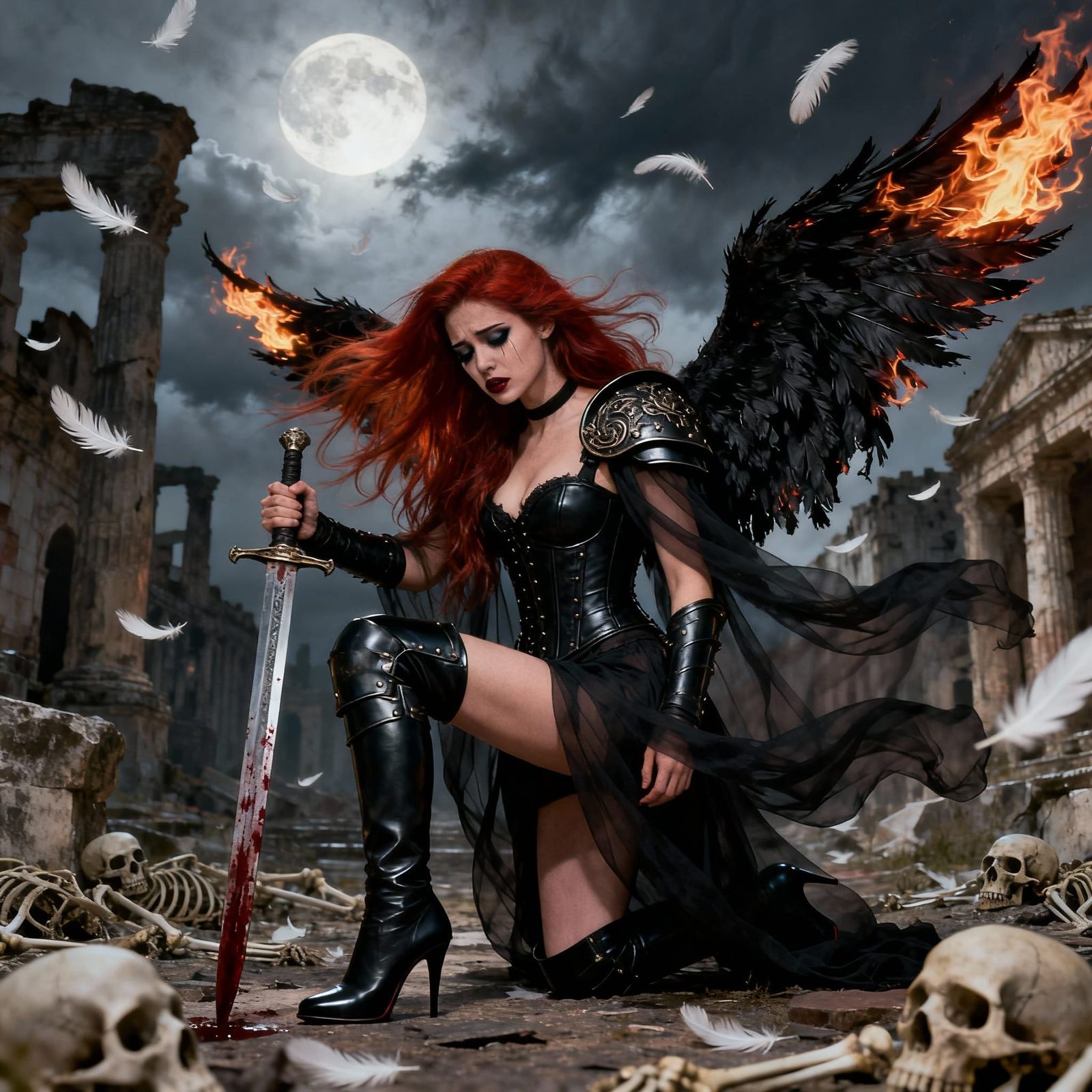 Goddess with Fiery Wings in Ruined City