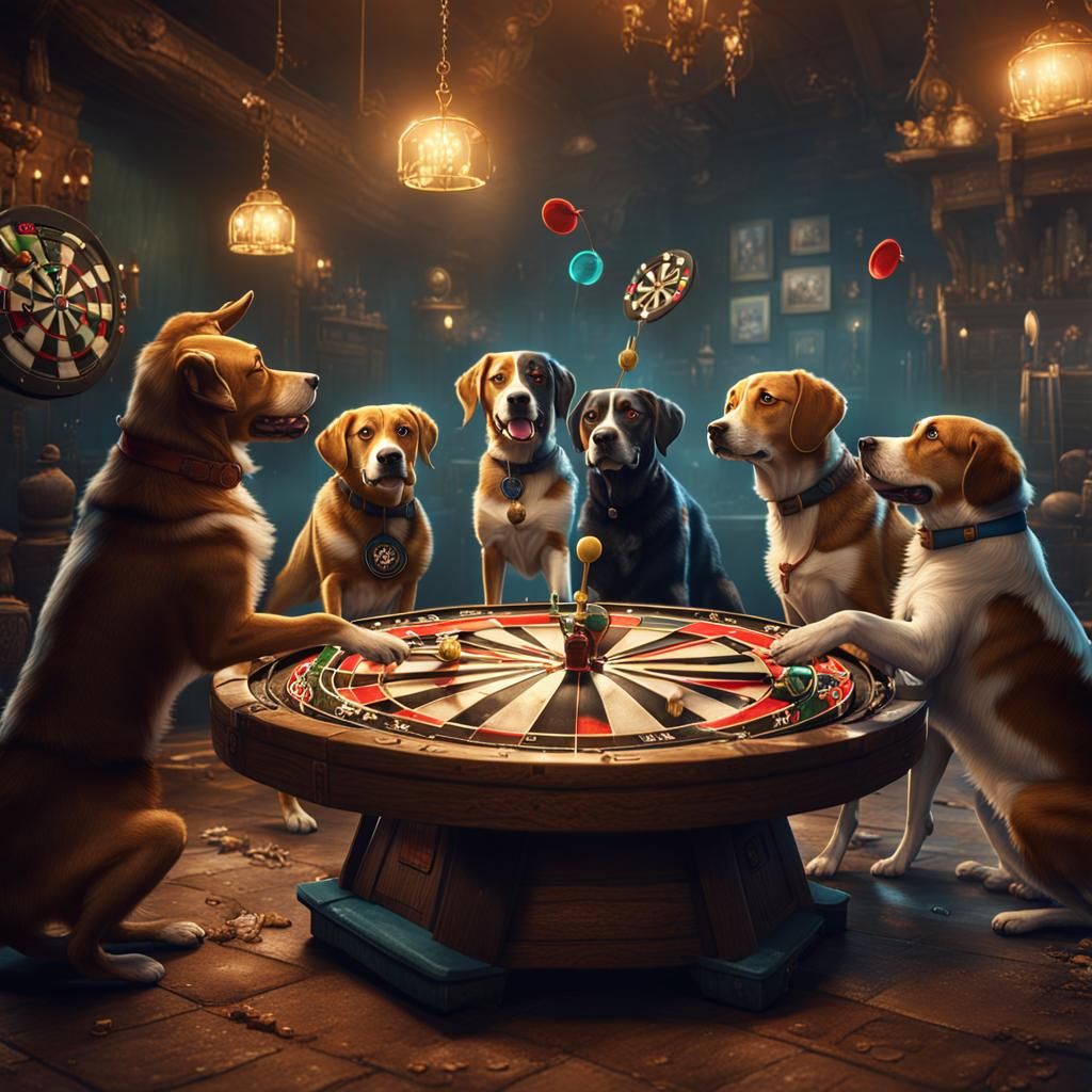 Funny Dogs Playing Darts Fantasy Concept Art