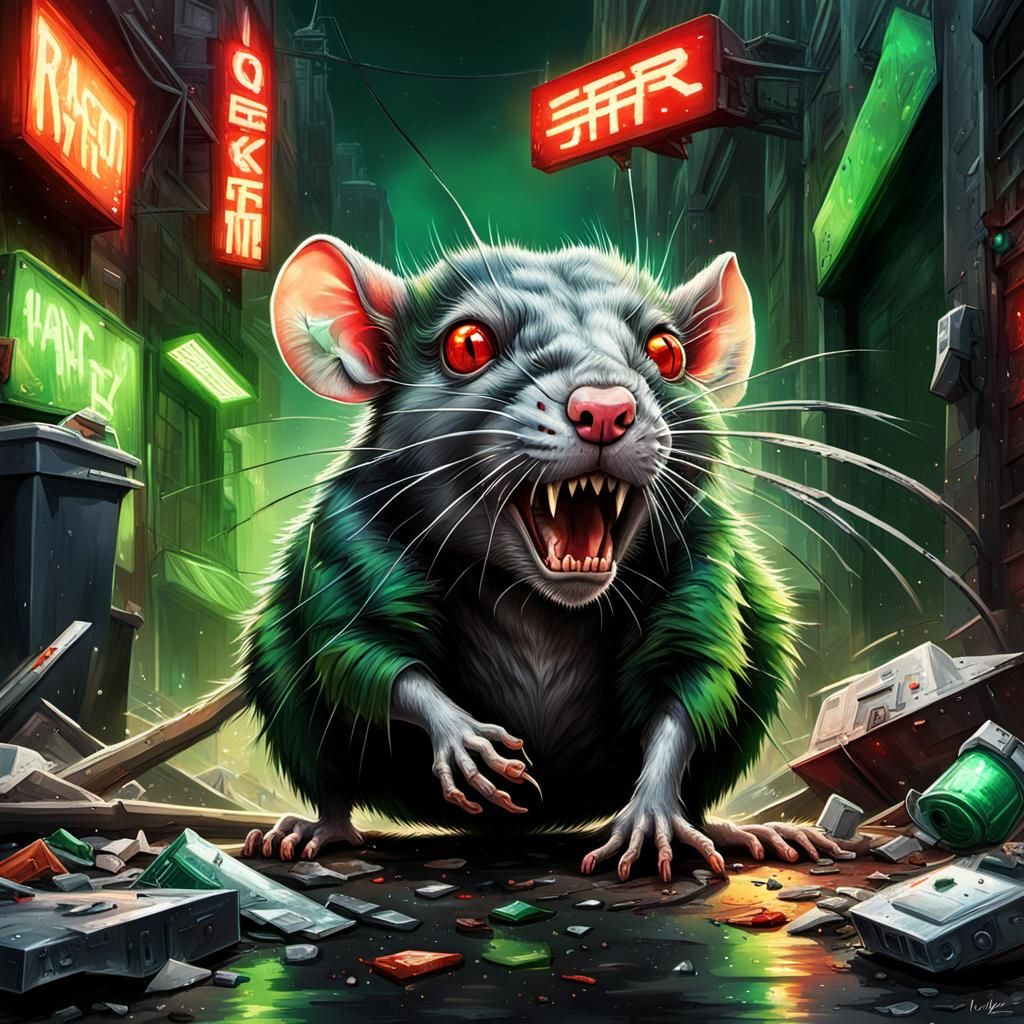 Menacing Rat in Alley with Spaceship: Hyperrealistic Art
