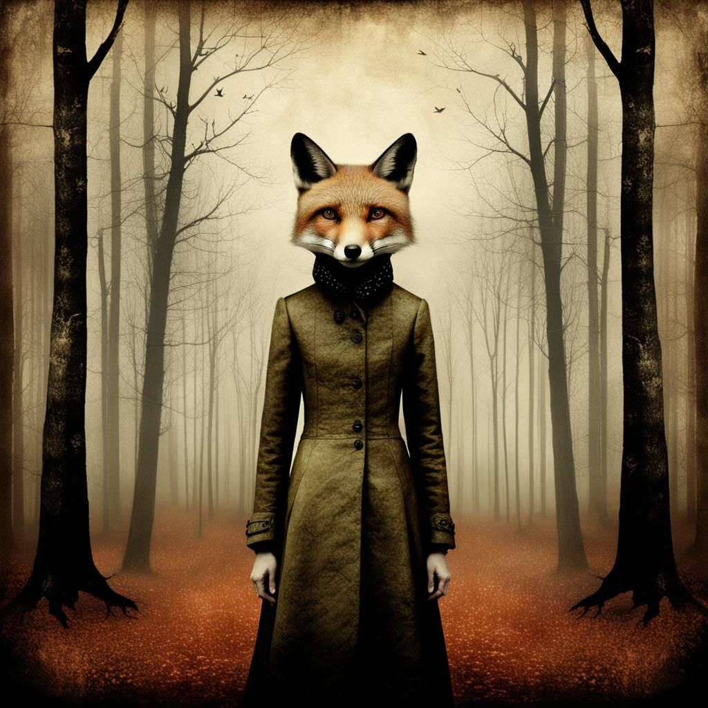 Fox in Woods: Surreal Mixed Media Art