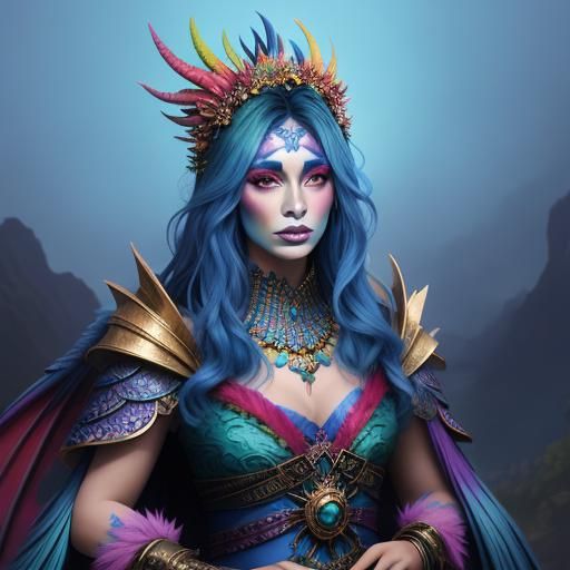 Dragon Woman with Rainbow Skin and Flower Crown