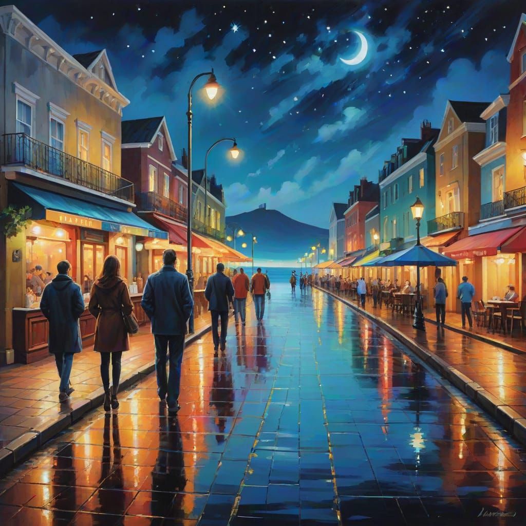 Vibrant Oil Painting of a Lively Seaside Boulevard at Night