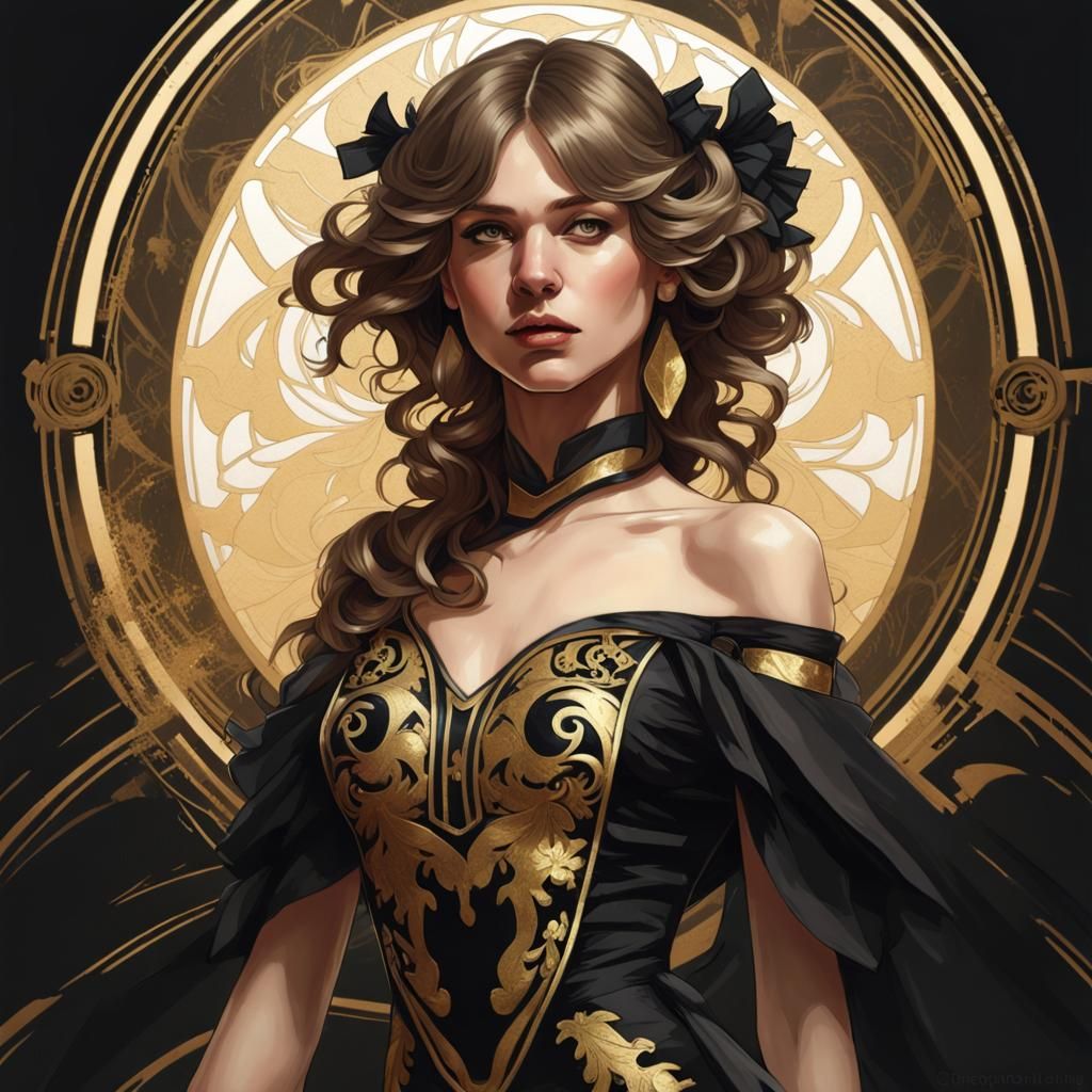 Fantasy Woman in Gold and Black Dress, Digital Art